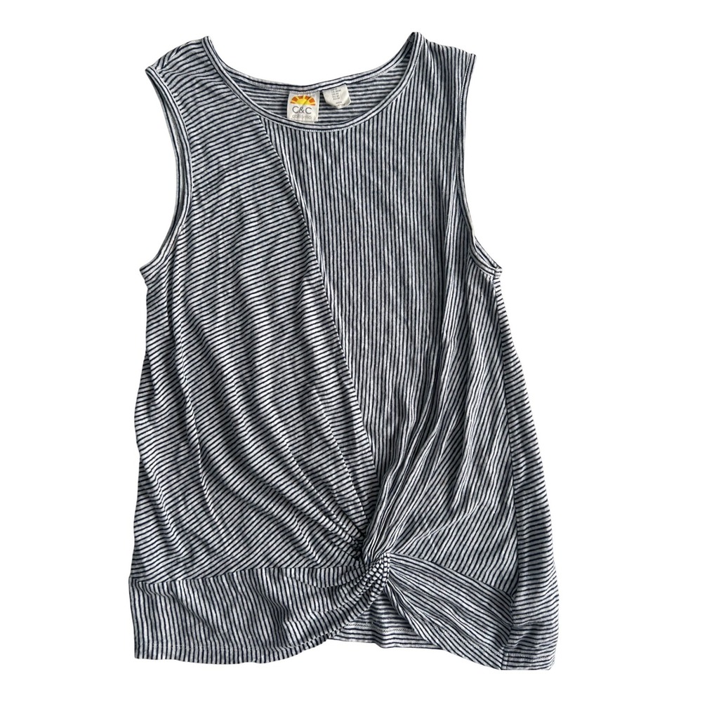 C&C California Women Medium Tank Top Blue White Striped 100% Linen Twist Knot